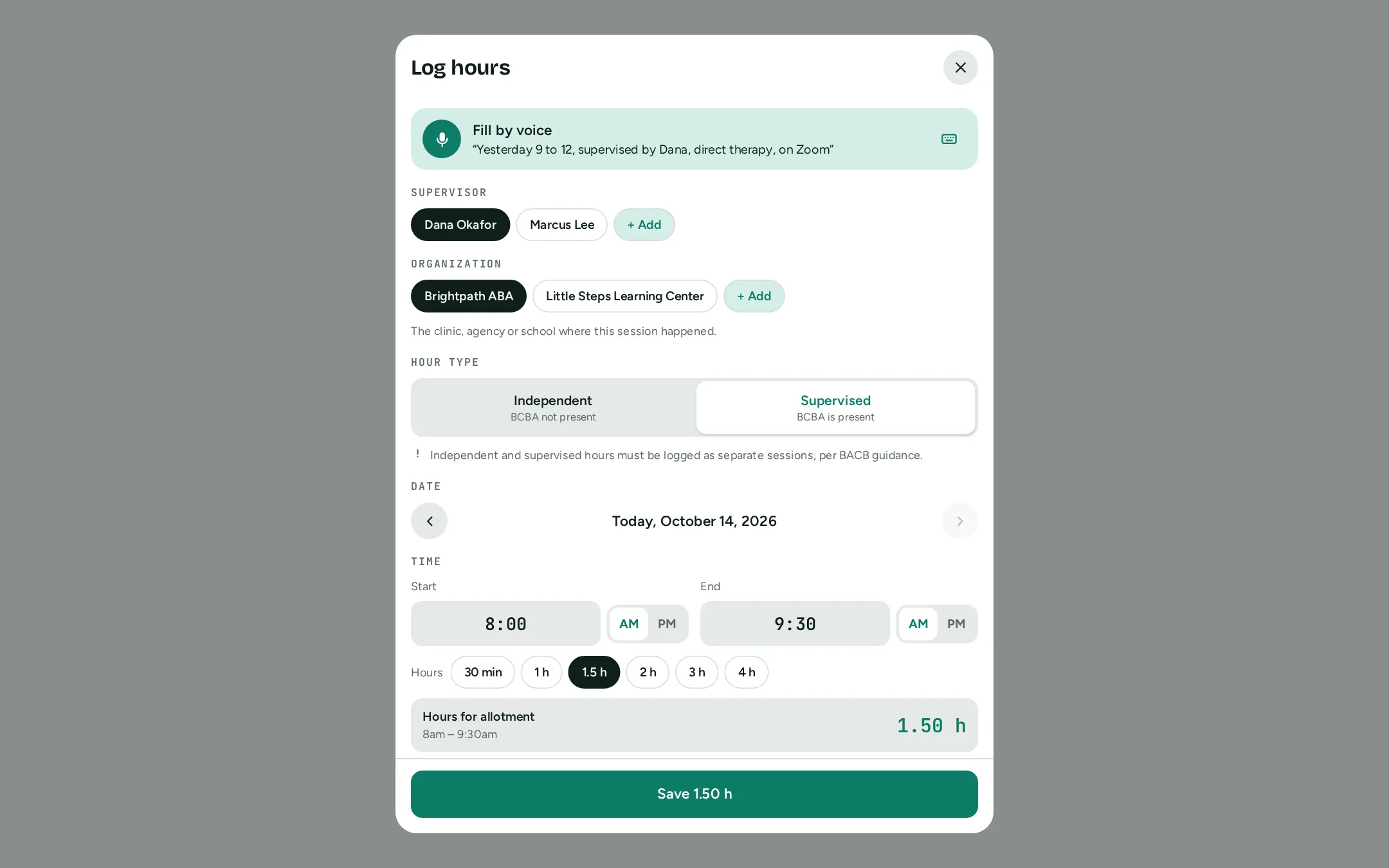 The Log hours form on a computer