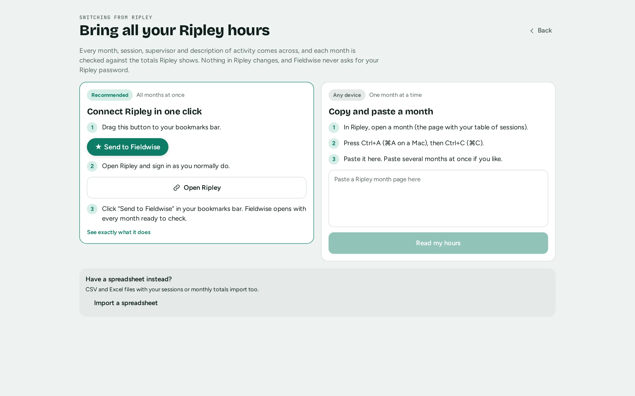 Fieldwise's Import from Ripley page: connect in one click, or copy and paste a month