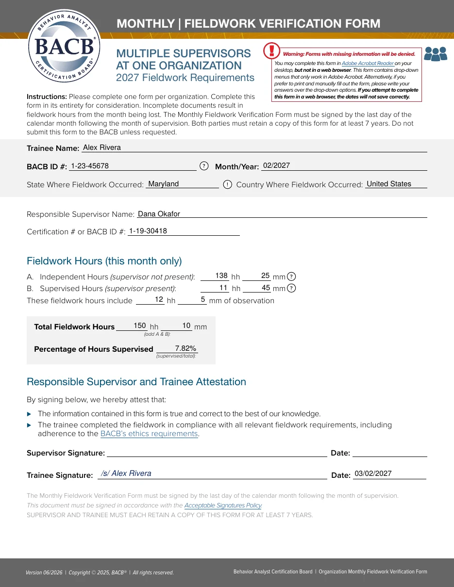 2027 Multiple Supervisors at One Organization form filled by Fieldwise: 138 hh 25 mm independent, 11 hh 45 mm supervised, 150 hh 10 mm total, 7.82%