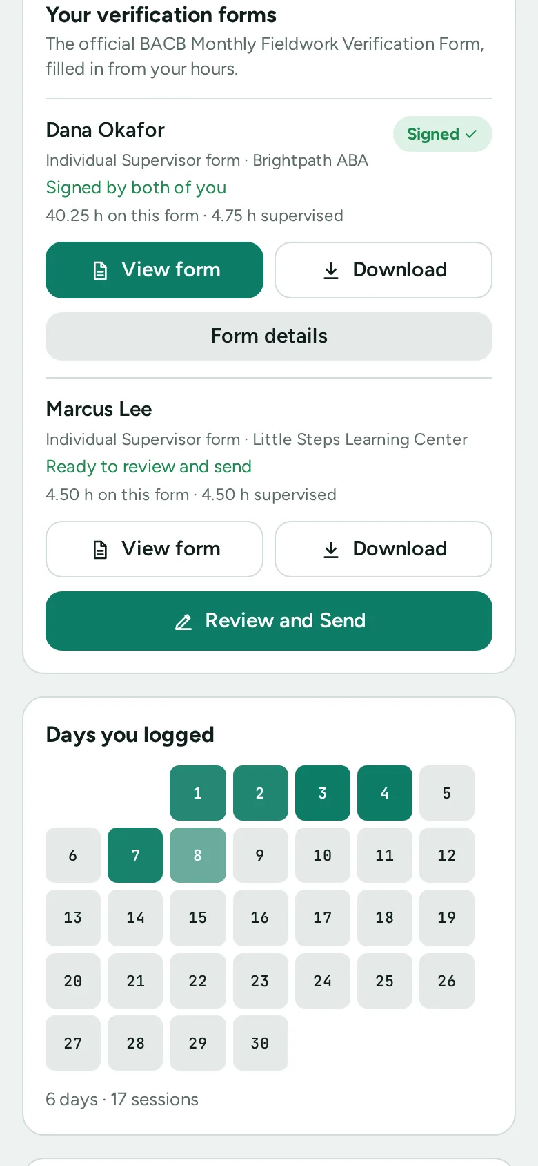 Verification forms for a month, with View form, Download and Review and Send